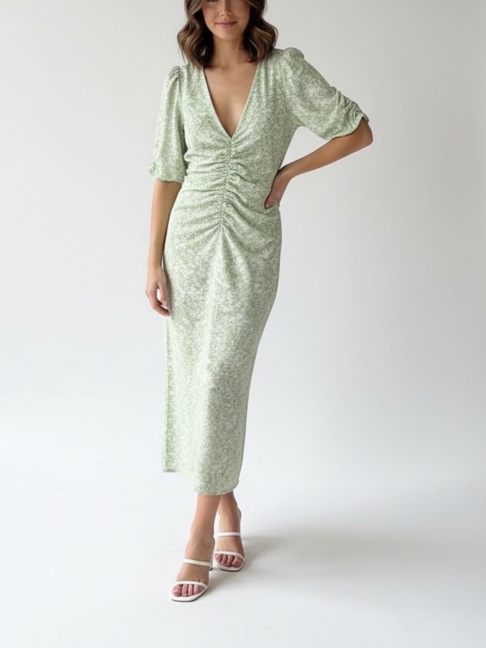 Ruched V-Neck Midi Dress in Light Green Floral Print - Red Berry
